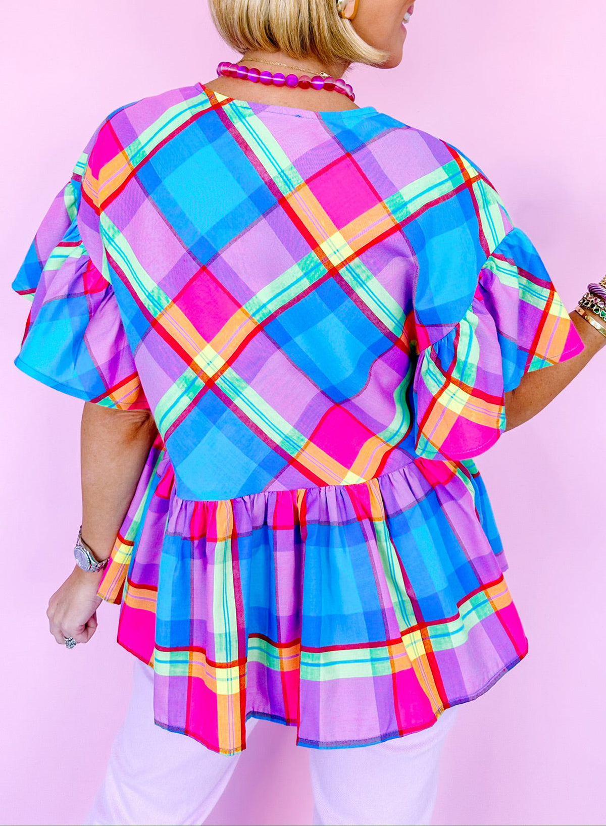 Colorful Plaid V Neck Ruffled Short Sleeve Babydoll Top