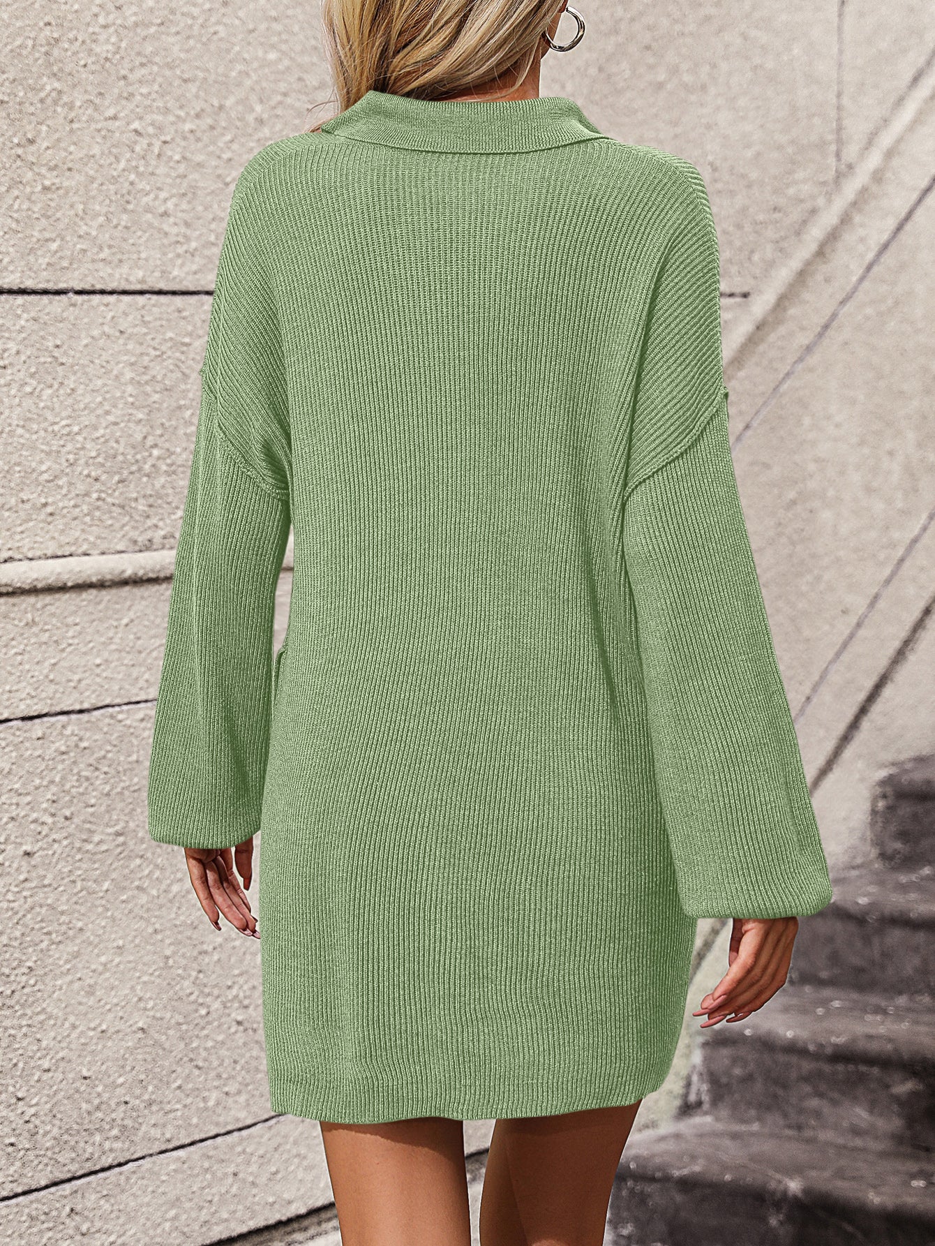 Solid Color Lapel Knit Long Sleeve Mini Sweater Dress