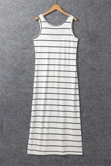 White Stripe Print Open Back Sleeveless Maxi Dress with Slits