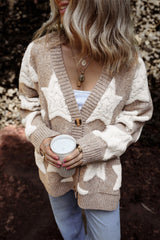 Star Pattern Textured Sweater Cardigan with Pockets