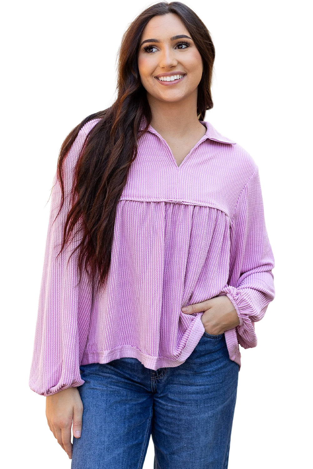 Corded Turn-down V Neck Bubble Sleeve Babydoll Blouse