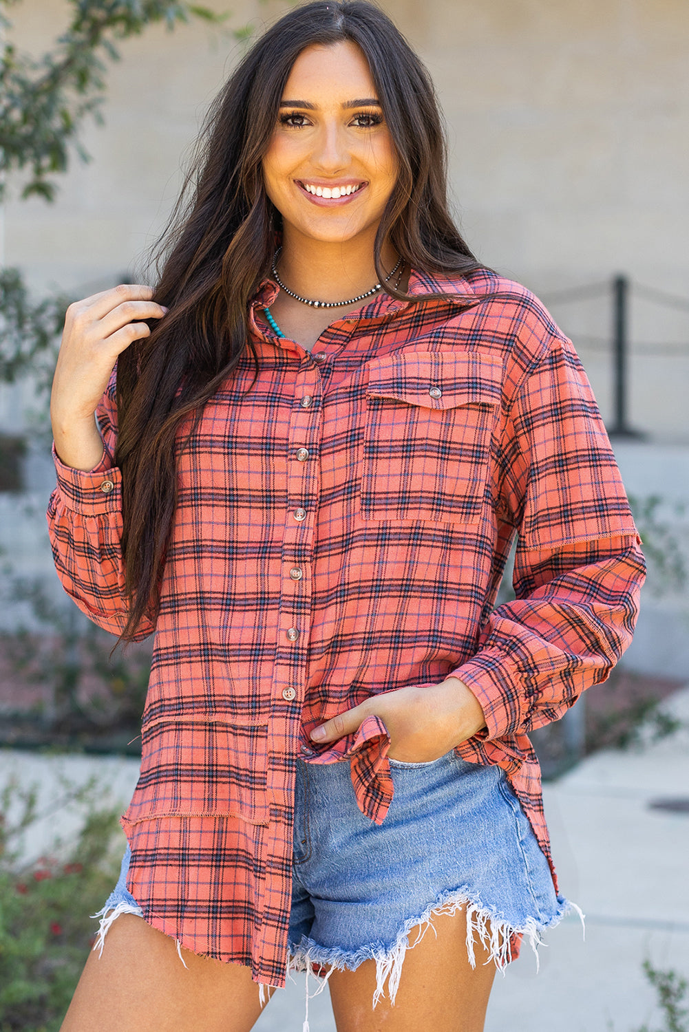 Plaid Long Sleeeve Side Split Distressed Hem Shirt