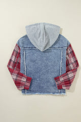 Plaid Print Patchwork Hooded Raw Hem Denim Jacket