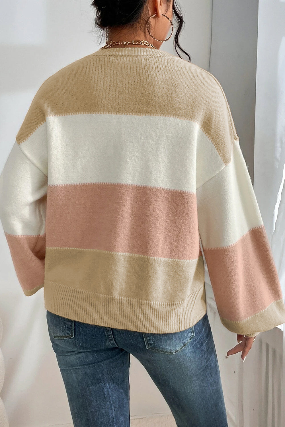 Dusty Pink Color Block Lantern Sleeve Drop Shoulder Sweater