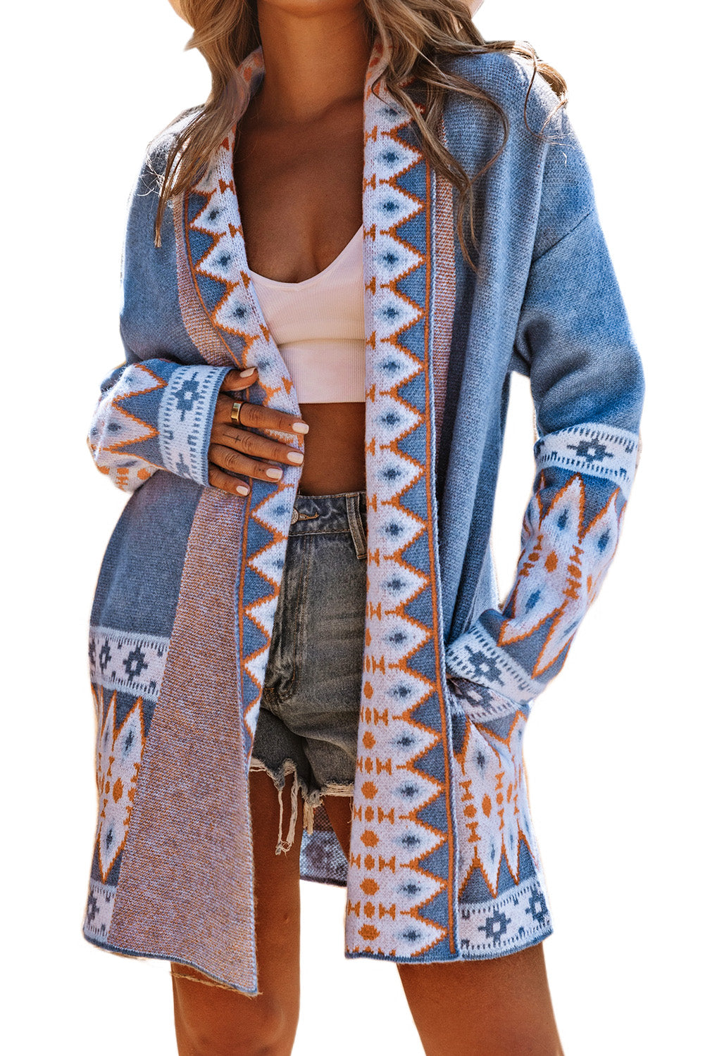 Blue Aztec Print Open Front Knitted Cardigan