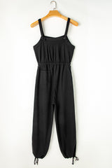 Women's Knotted Straps Button Textured Drawstring Jumpsuit