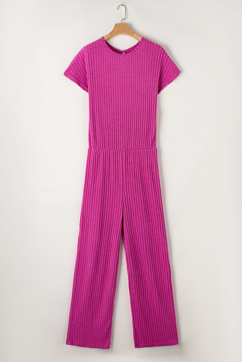 Solid Color Ribbed Short Sleeve Wide Leg Jumpsuit