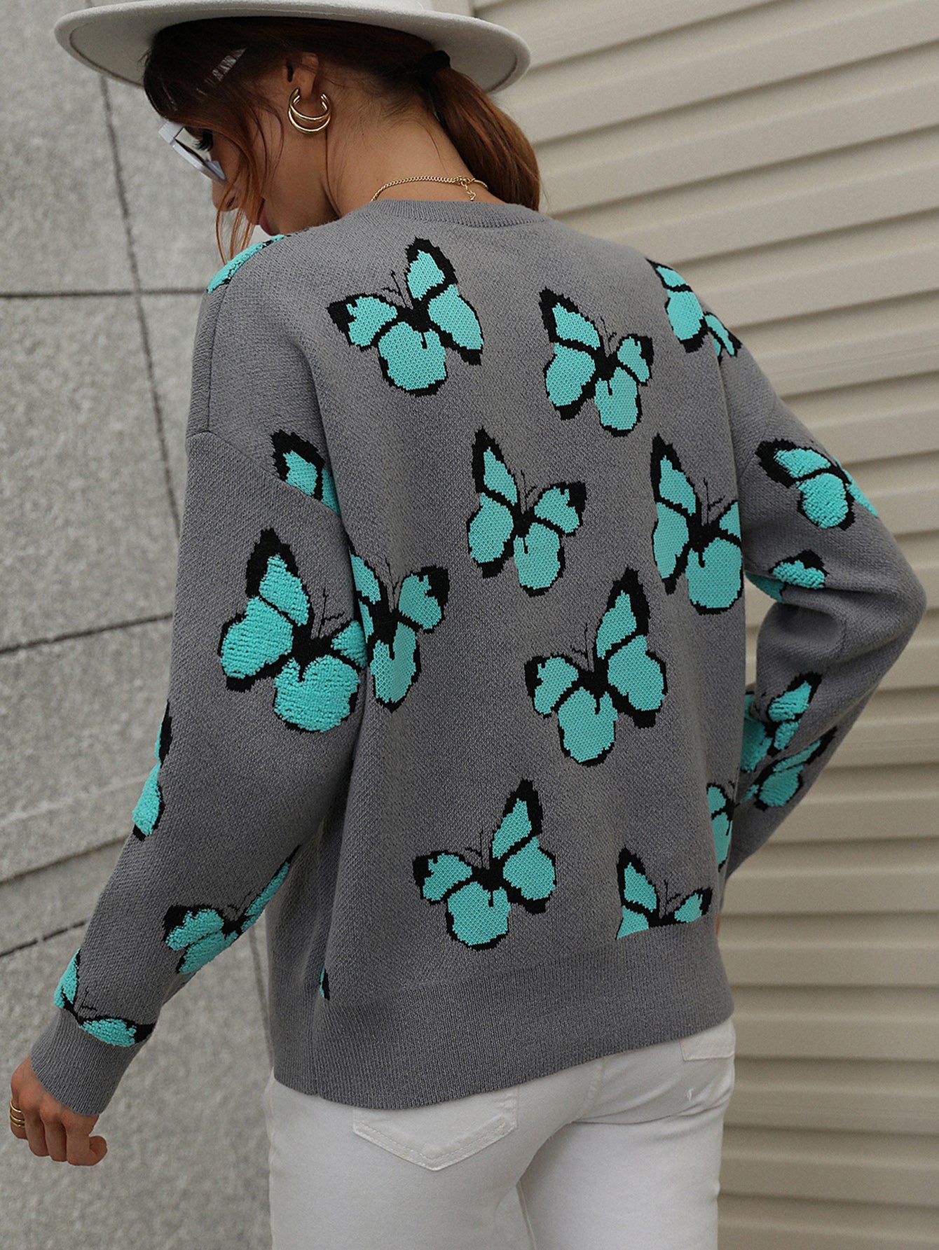 Casual Butterfly Printed Pullover Long Sleeves Knitted Tops