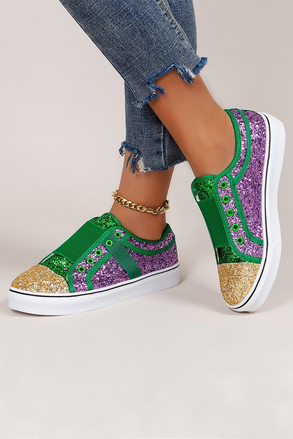 Green Sequin Color Block Slip-on Flat Shoes