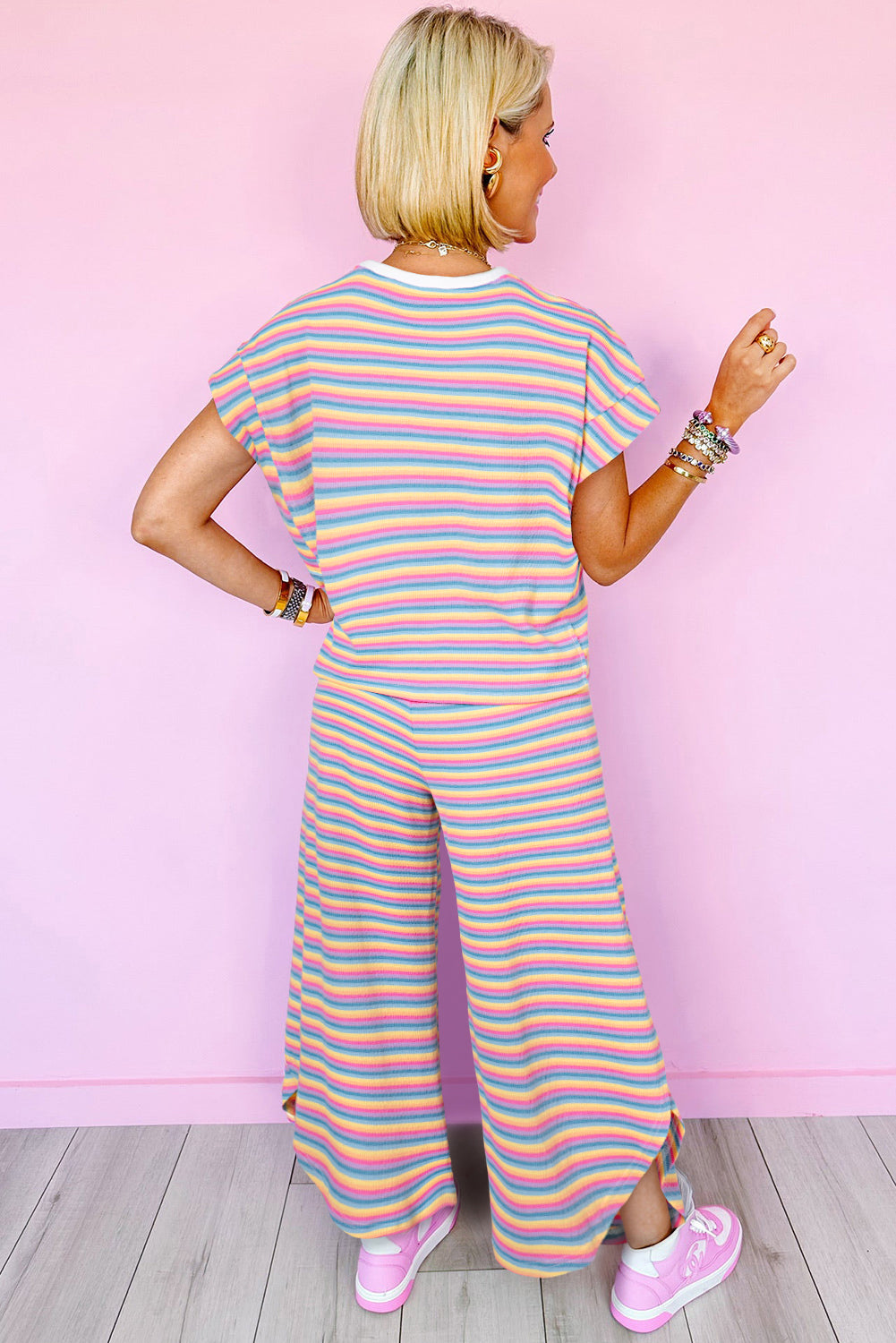 Rainbow Tee Tasseled String Wide Leg Pants Set