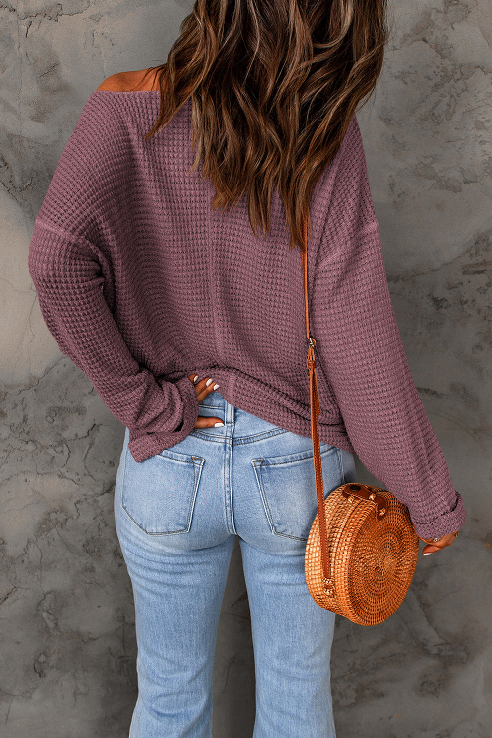 Purple Waffle Knit Loose Long Sleeve Top