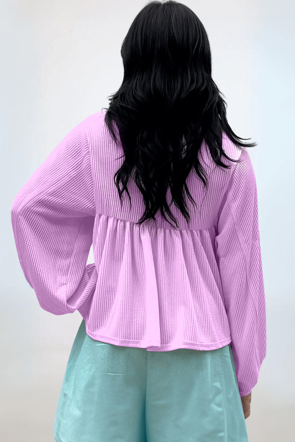 Corded Turn-down V Neck Bubble Sleeve Babydoll Blouse