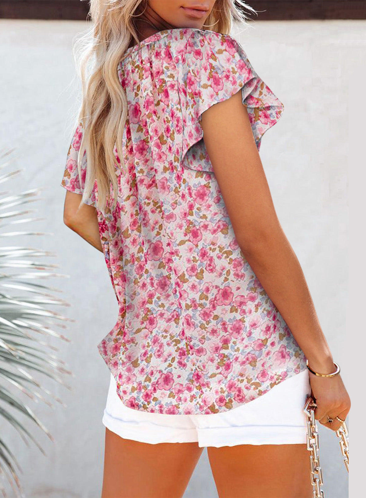 Floral Print Short Sleeved Top Loose V-neck Pullover T-shirt