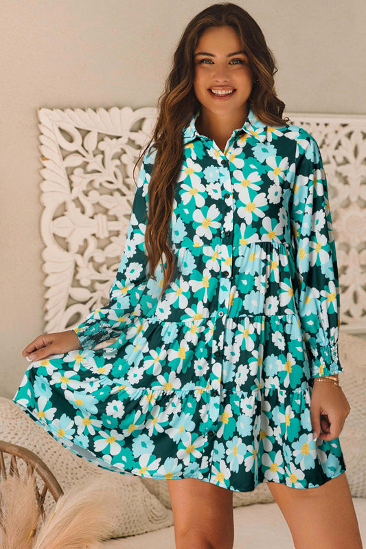 Green Floral Tiered Long Puff Sleeve Shirt Dress