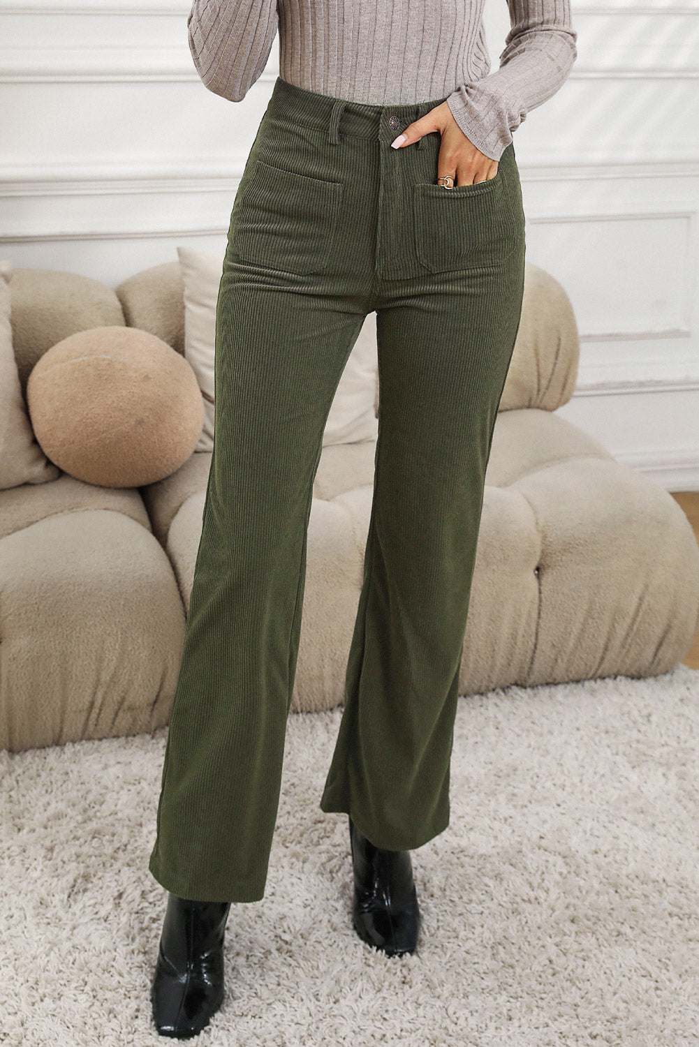 Brown High Waist Square Pockets Corduroy Pants