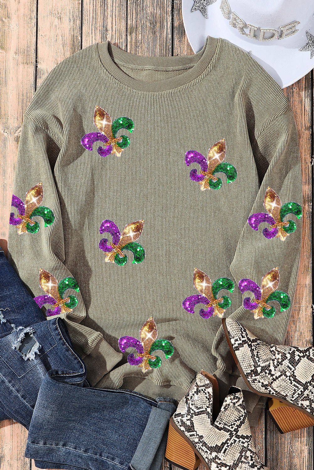 Green Glitter Mardi Gras Symbol Corded Baggy Sweatshirt