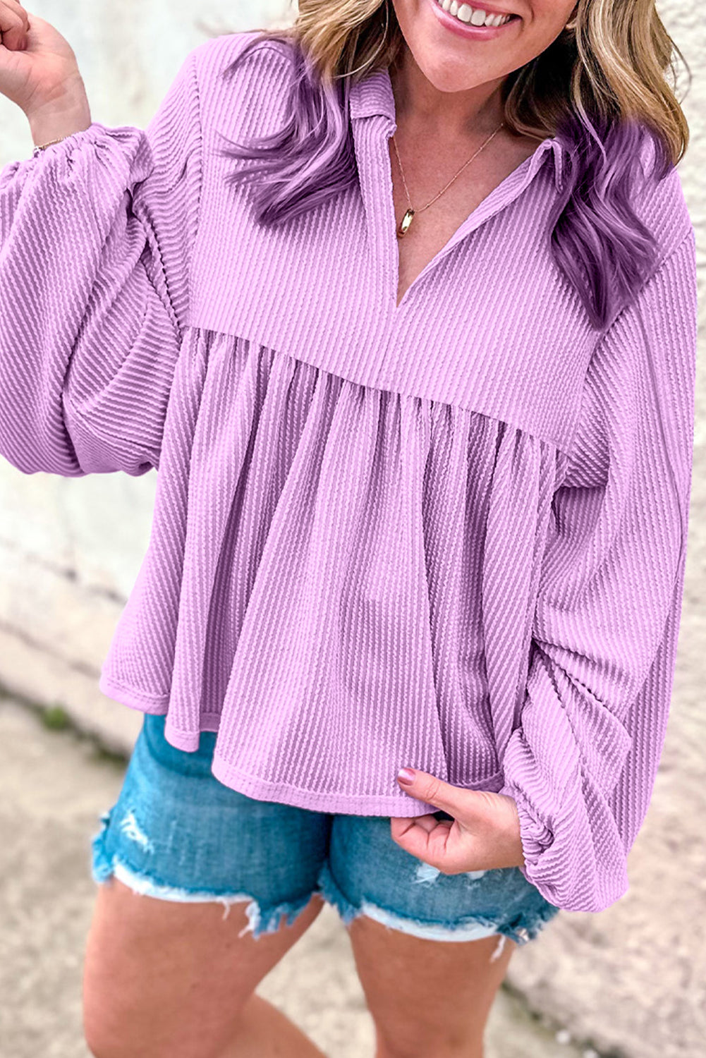 Corded Turn-down V Neck Bubble Sleeve Babydoll Blouse