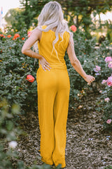 Yellow Crinkled U Neck Tank Top and Wide Leg Pants Set