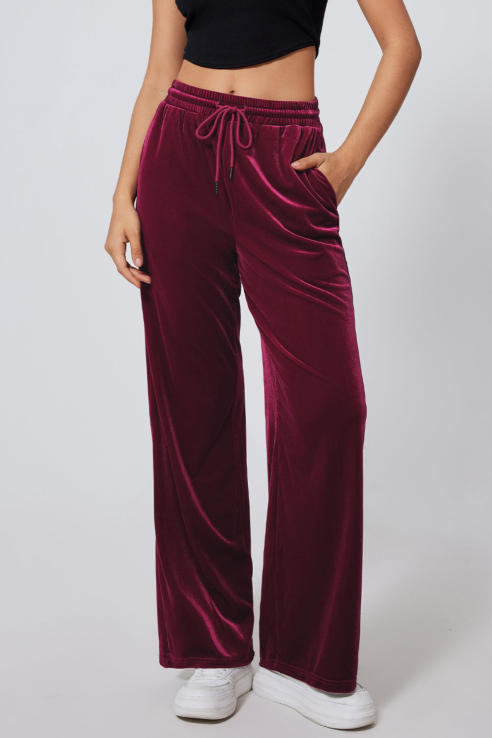 Solid Drawstring Waist Wide Leg Pants