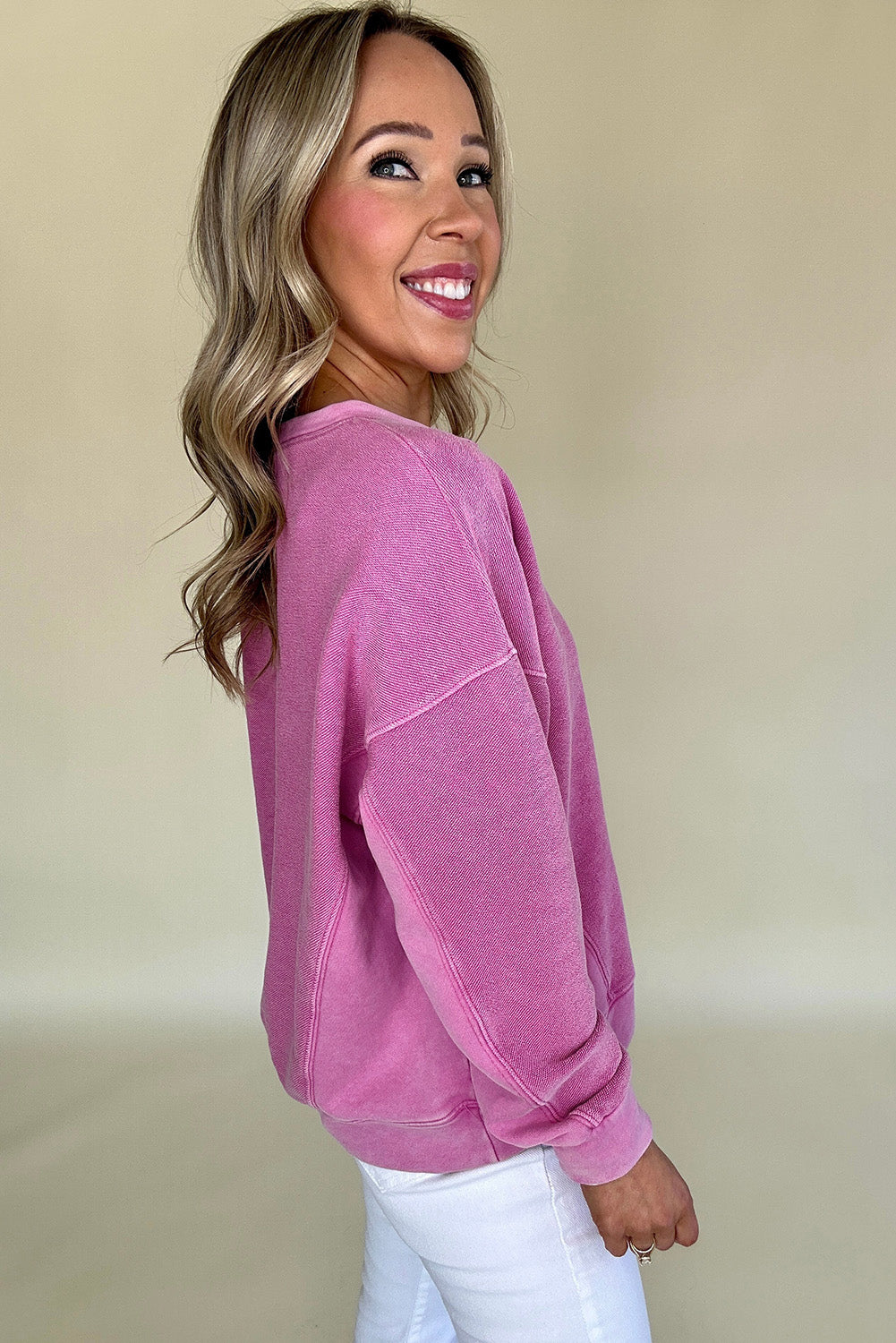 Solid Color Notched Neck Drop Shoulder Sweatshirt