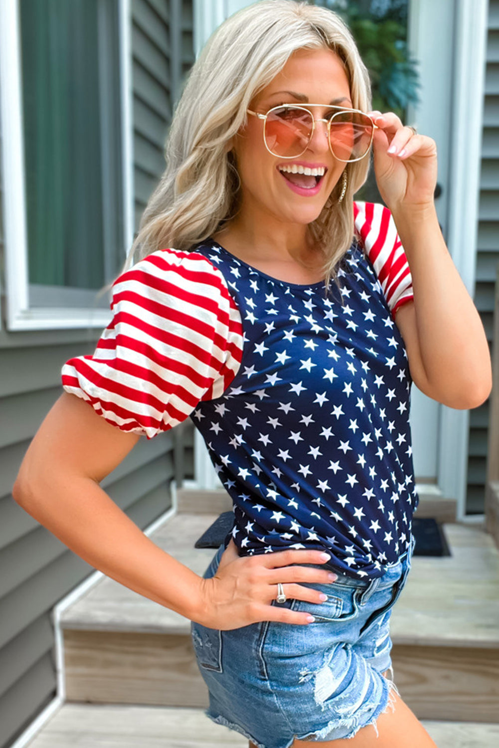 Navy Blue 4th Of July Stars Stripes Puff Sleeve T Shirt