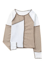 White Irregular Color Block Seaming Trim Rib Knit Top