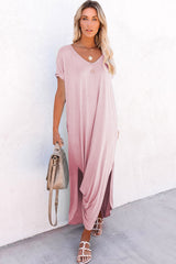 V Neck Hidden Pocket Splits Maxi T-shirt Dress