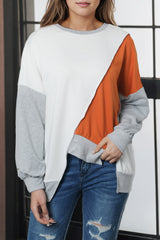 Khaki Colorblock Stitching Irregular Hem Long Sleeve Top