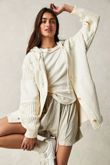 Contrast Knit Patchwork Hooded Functional Coat