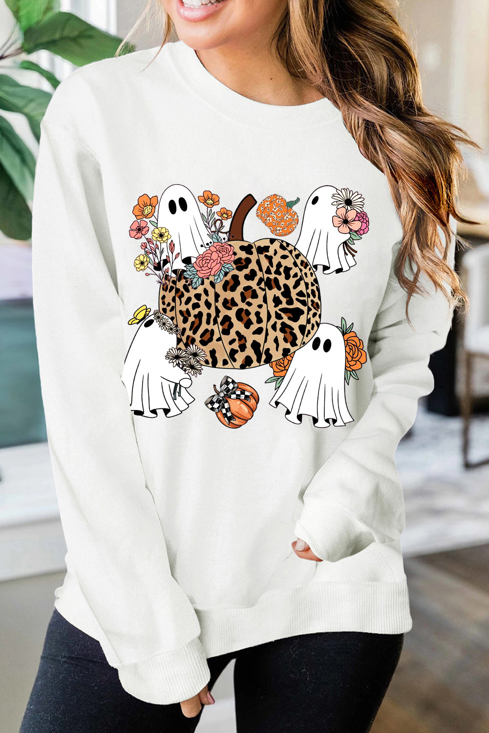 Halloween Ghost Classic Crew Neck Pumpkin Pullover Sweatshirt