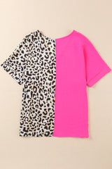 Rose Contrast Leopard Color Block Blouse