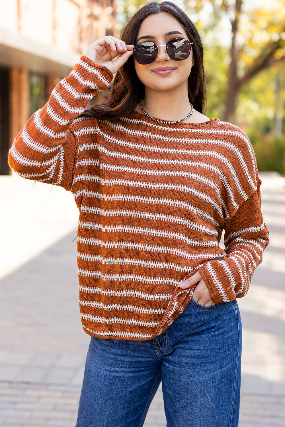 Solid Color Stripe Drop Shoulder Casual Sweater