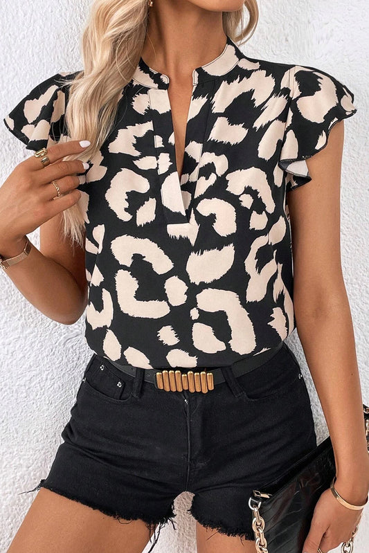 Leopard Ruffled Flutter Sleeve Split Neck Blouse