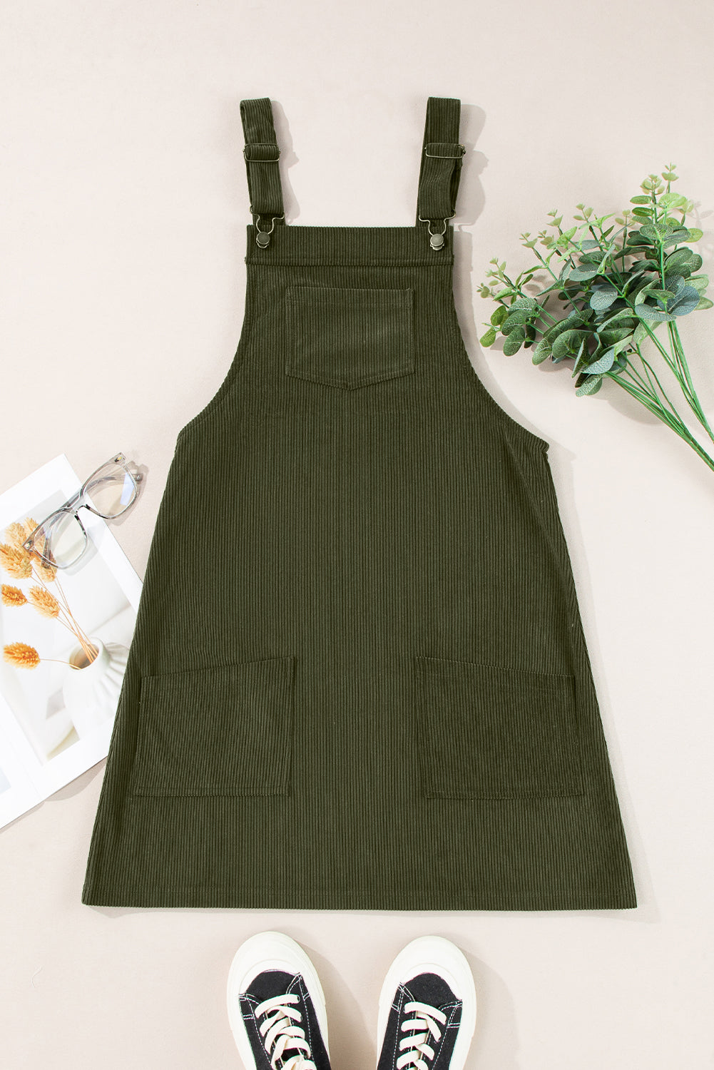 Solid Front Pockets Sleeveless Corduroy Overall Dress