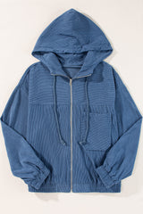 Corduroy Drawstring Hooded Pocket Zip Up Jacket