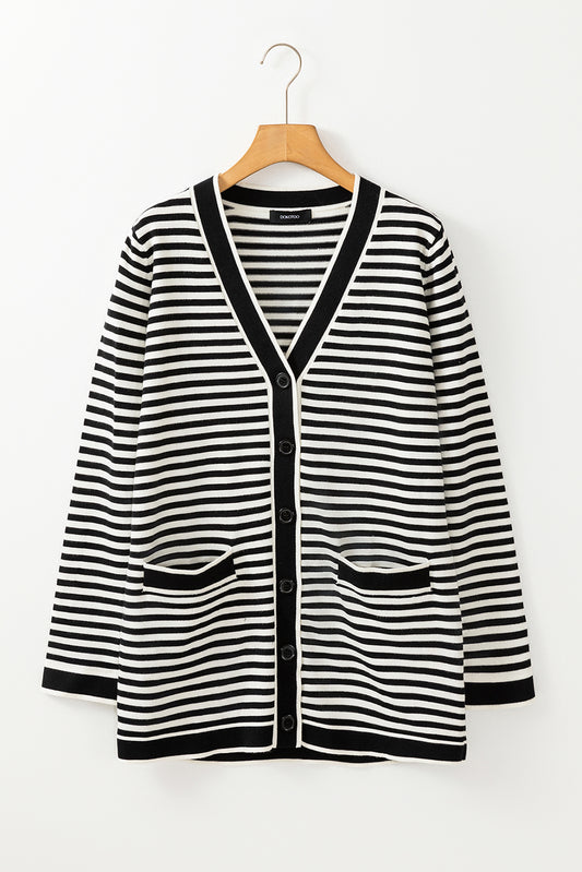 Black Stripe Long Sleeve Button up Tunic Cardigan