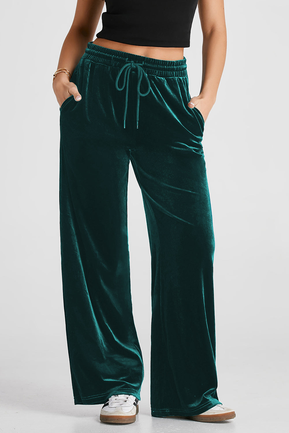 Solid Drawstring Waist Wide Leg Pants