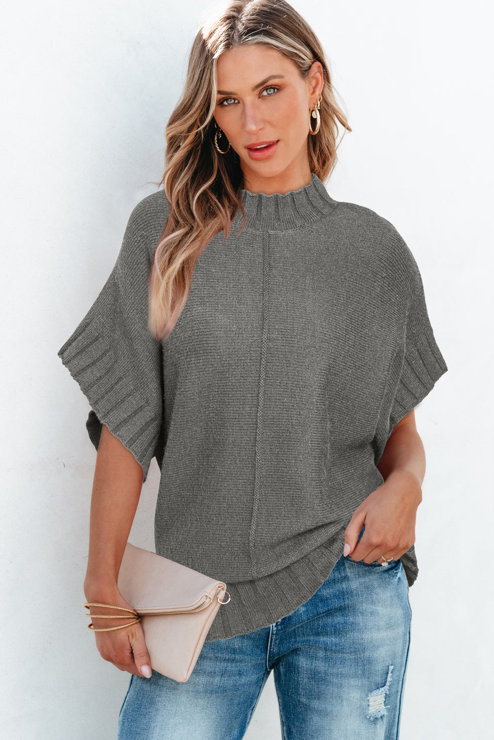 Mock Neck Batwing Short Sleeve Knit Sweater