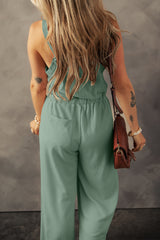 Women's Knotted Straps Button Textured Drawstring Jumpsuit