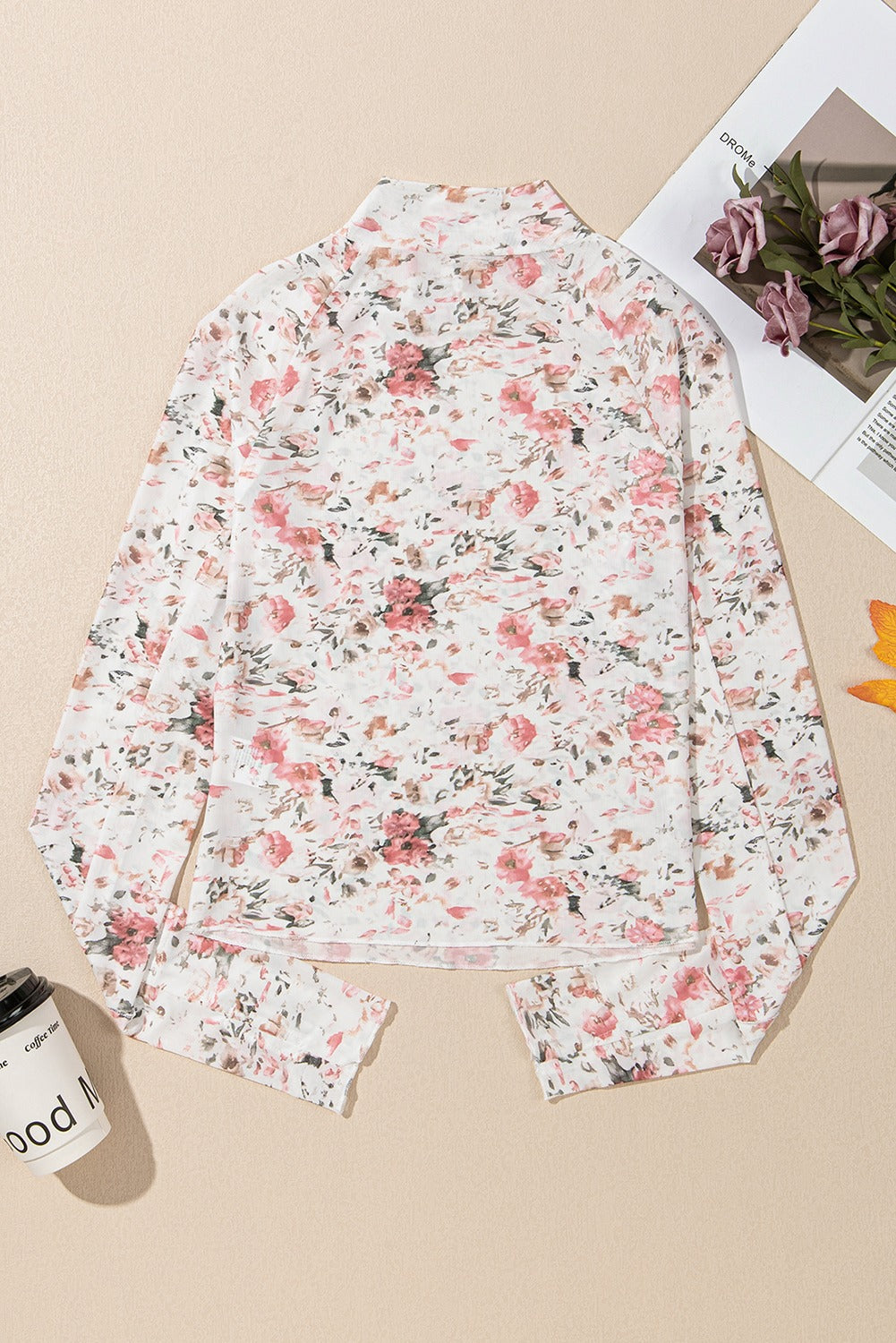 Pink Floral Long Sleeve High Neck Sheath Mesh Top