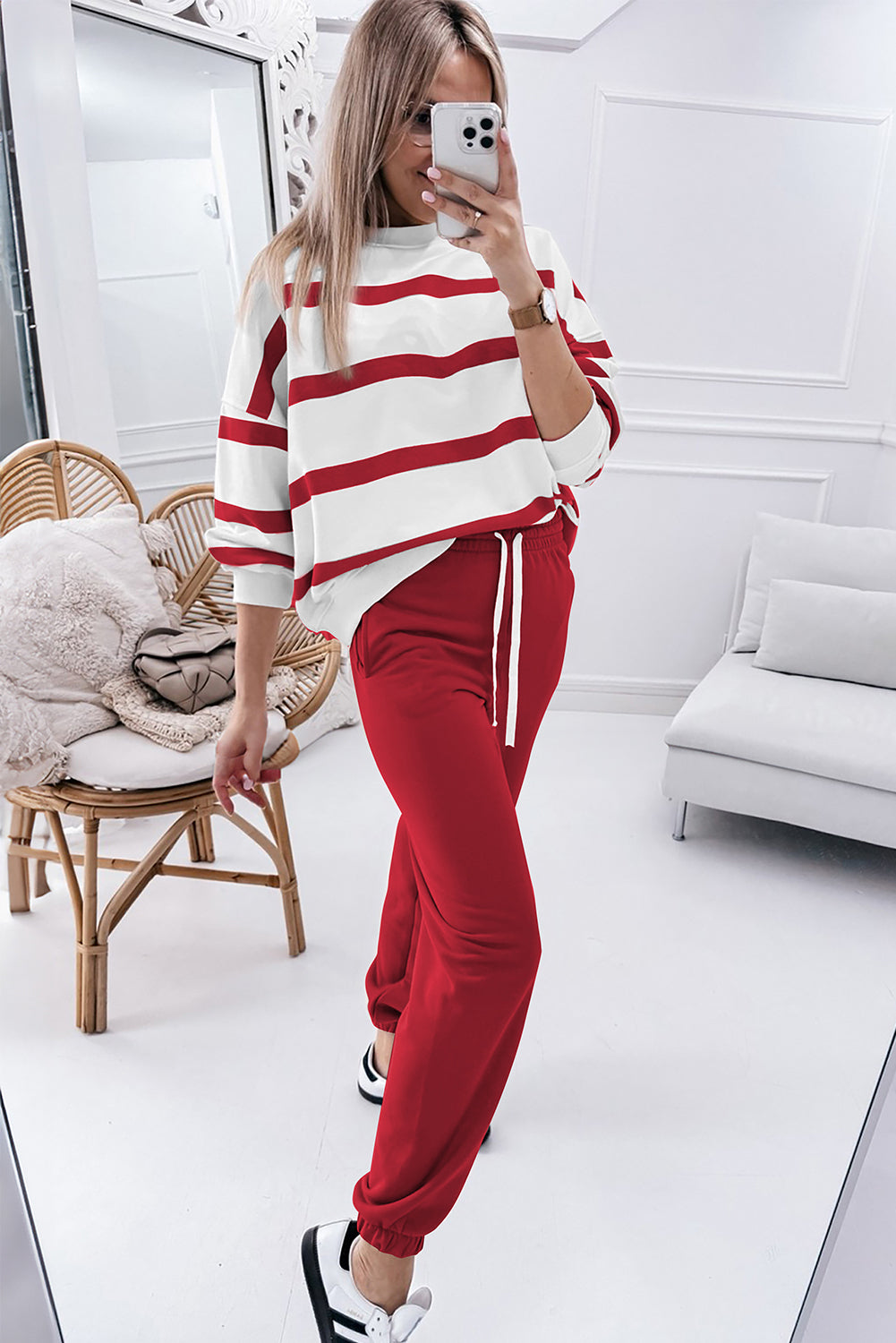 Stripe Drop Shoulder Pullover and Jogger Pants Set