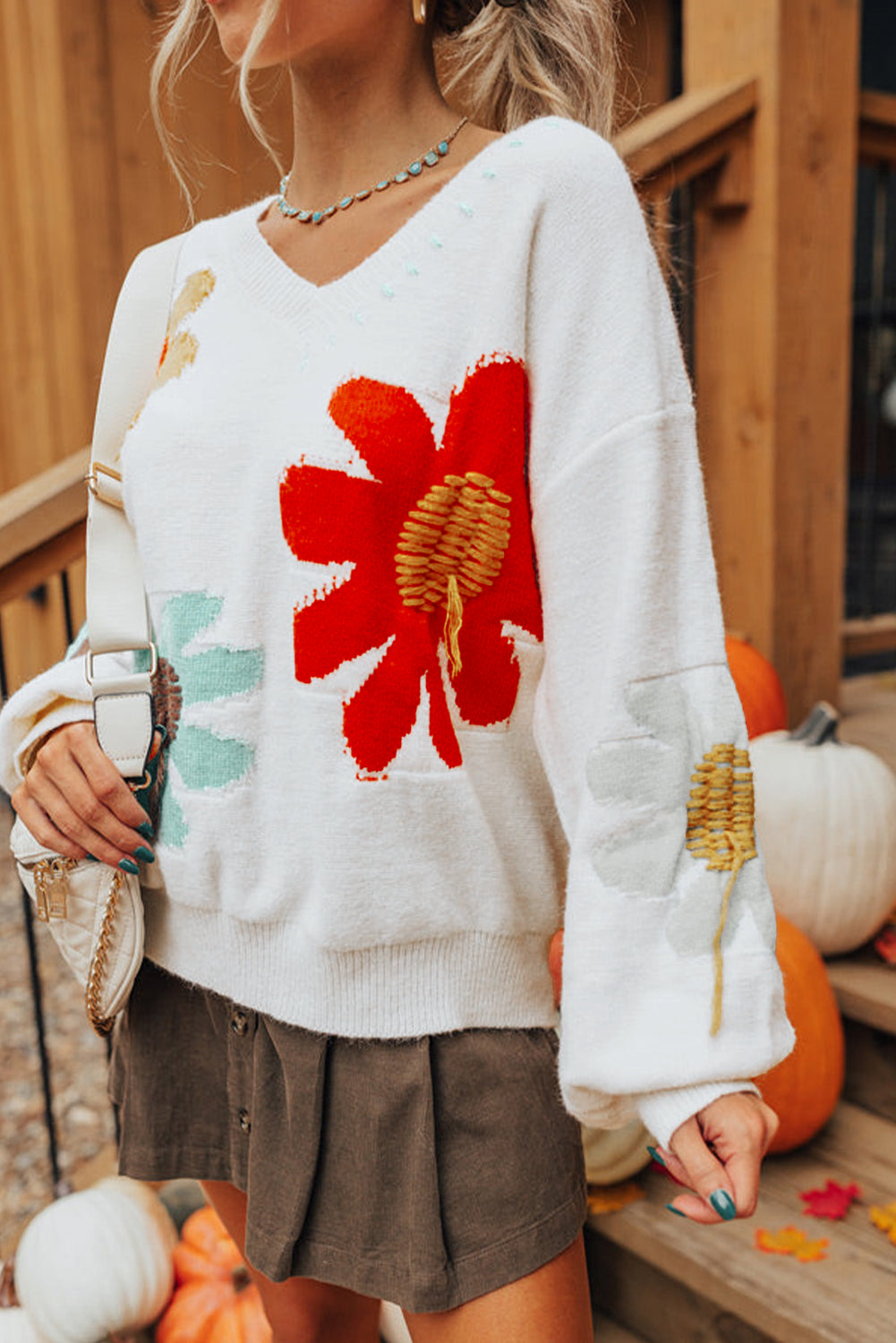 Big Flower Pattern V Neck Drop Shoulder Sweater