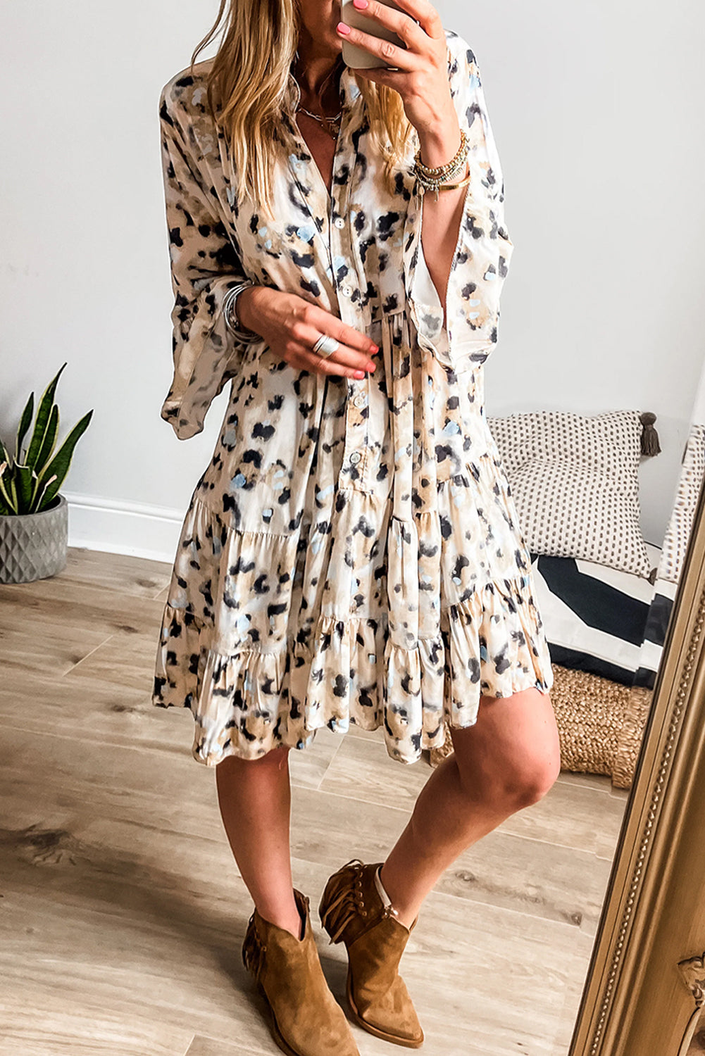 Leopard Print Buttoned Front 3/4 Sleeve Tiered Ruffled Hem Dress