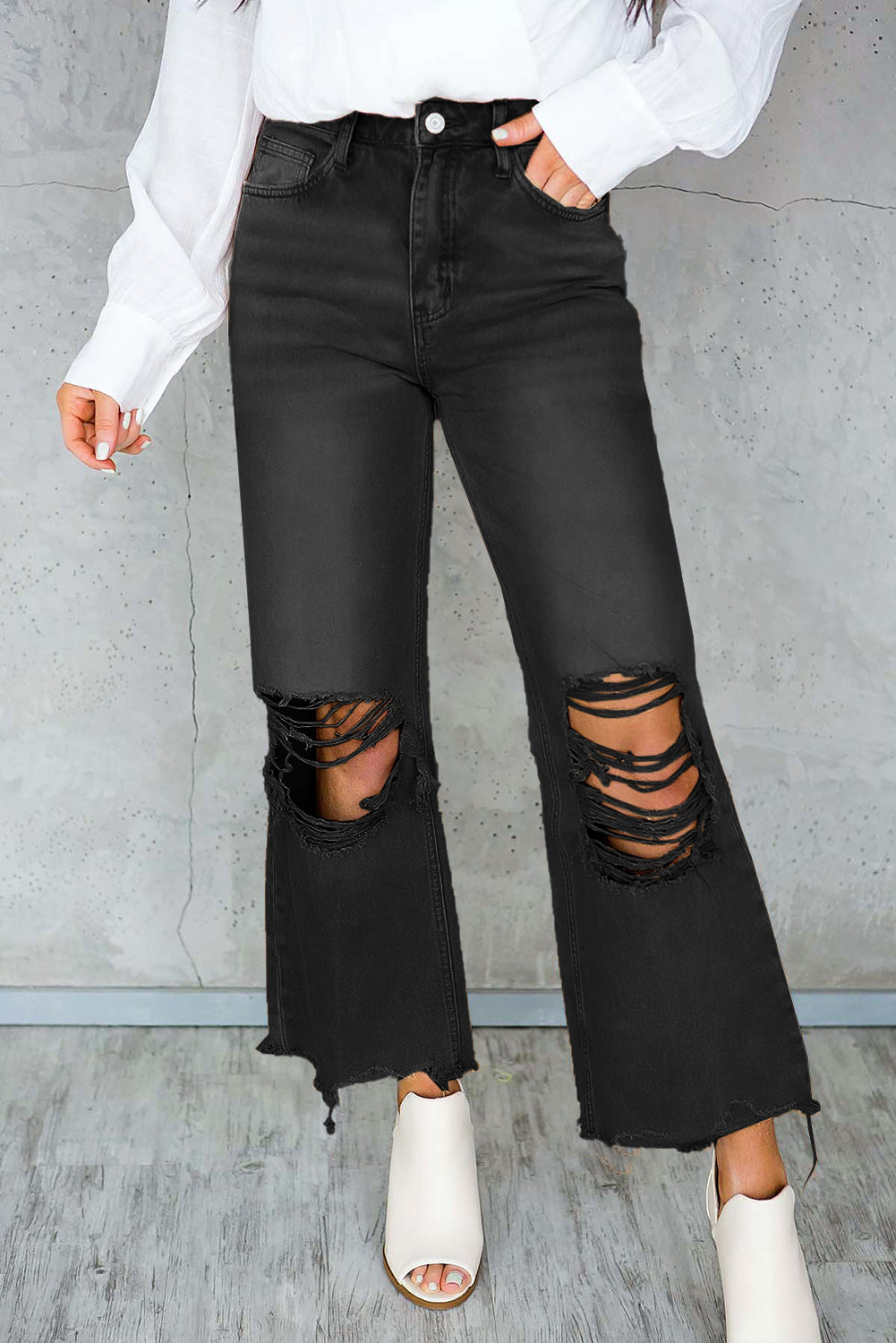 Brown Distressed Hollow-out High Waist Cropped Flare Jeans