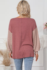 Red Colorblock Striped Bishop Sleeve Top