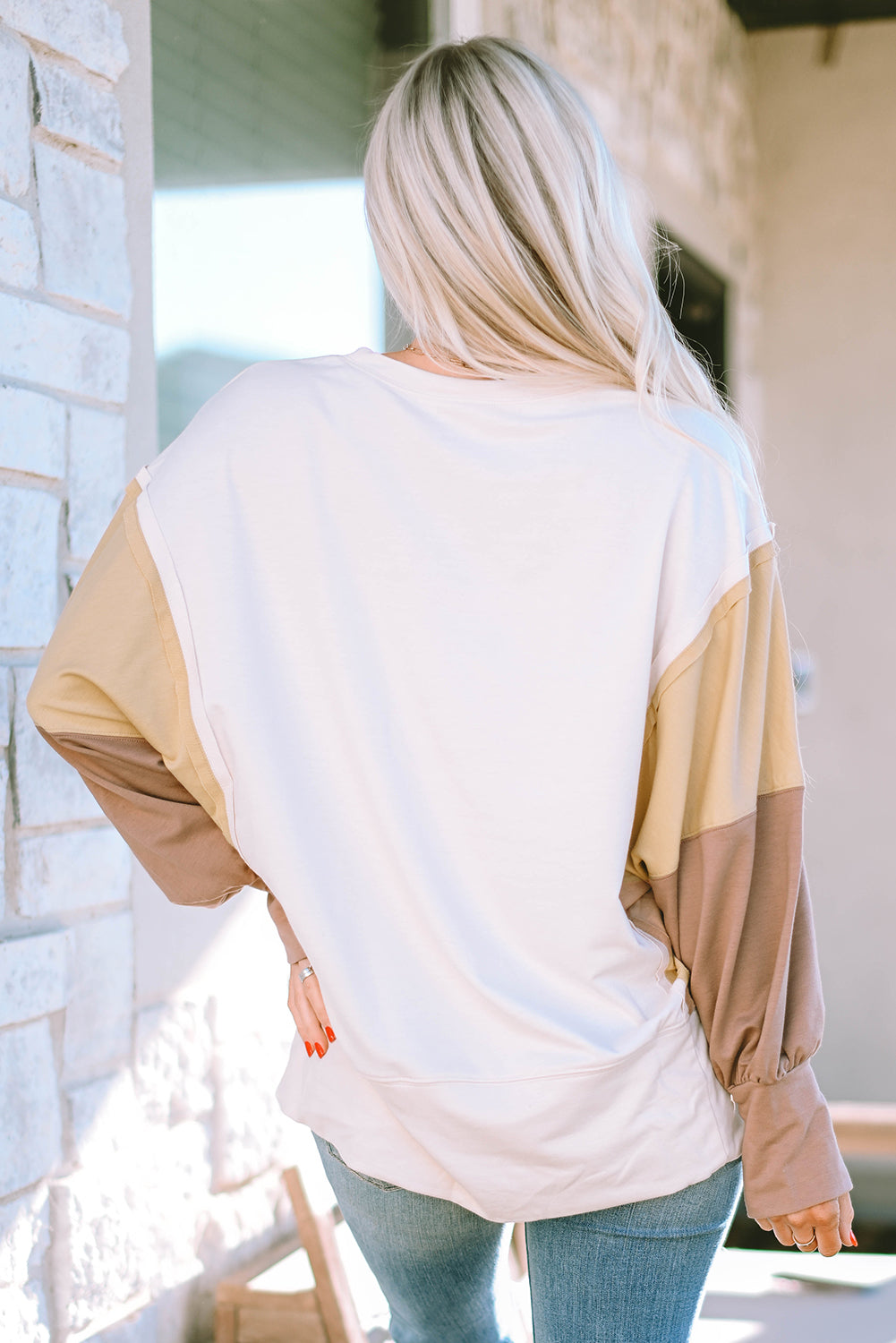 Khaki Color Block Sleeve Patchwork Oversized Sweatshirt