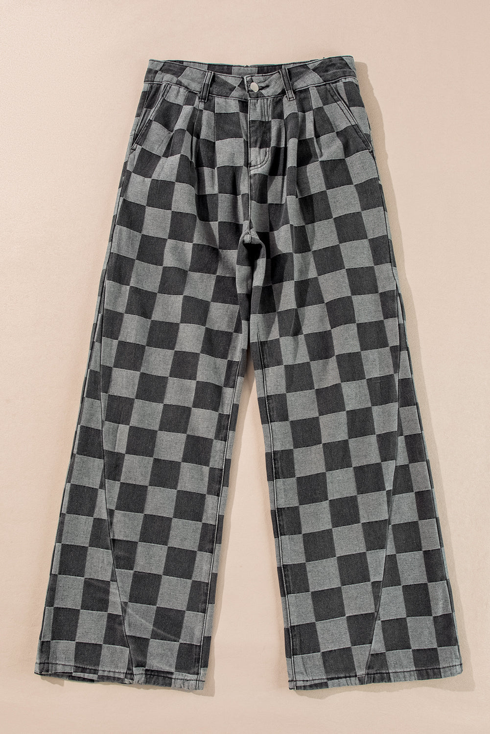 Solid Color Checkered Denim Wide Leg Jeans