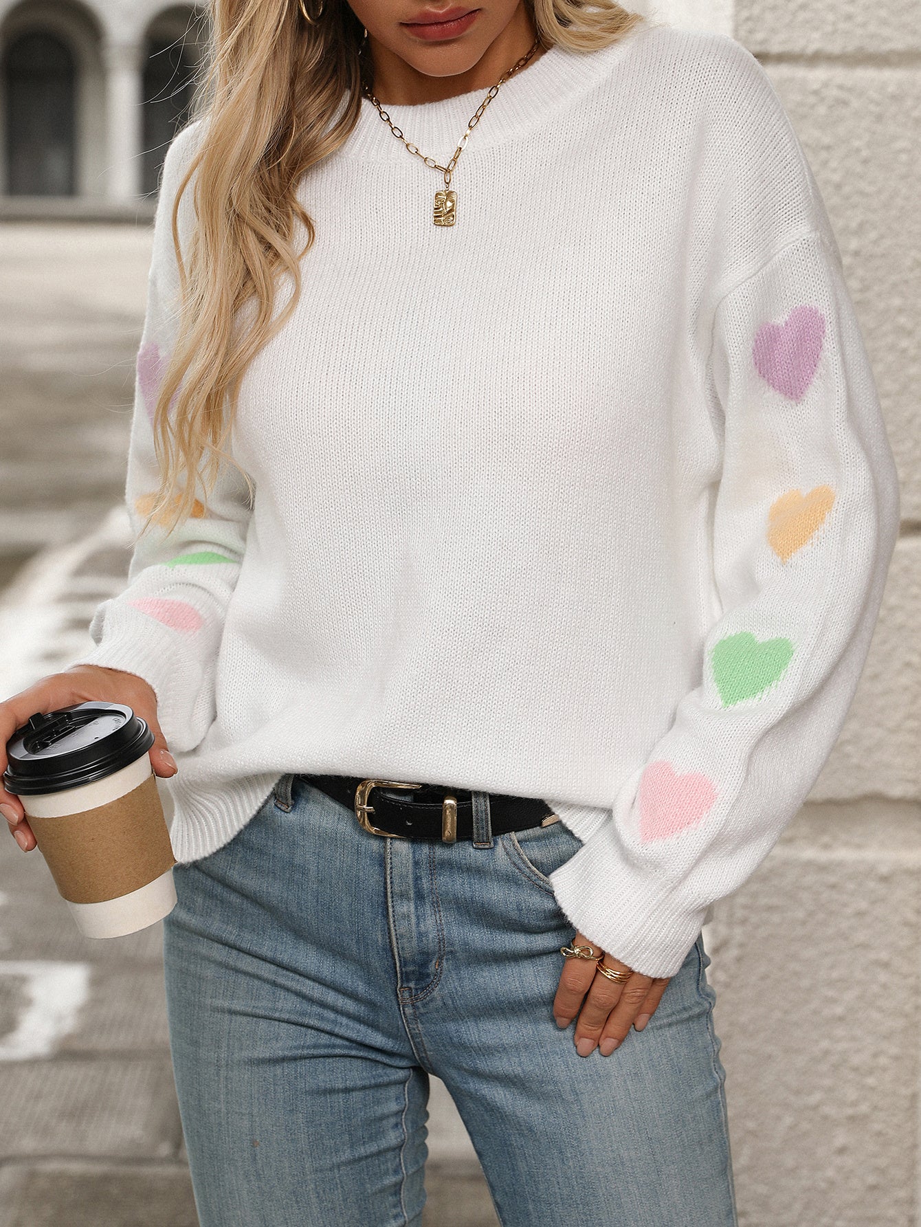 Love Splicing Solid Color Sweater Women's Knitted Sweater