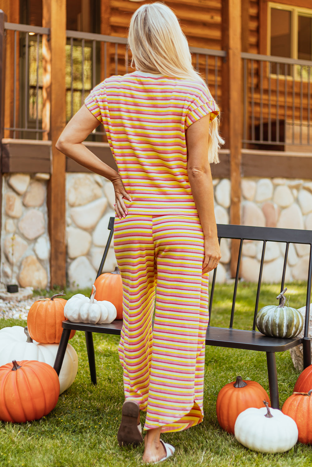 Rainbow Tee Tasseled String Wide Leg Pants Set