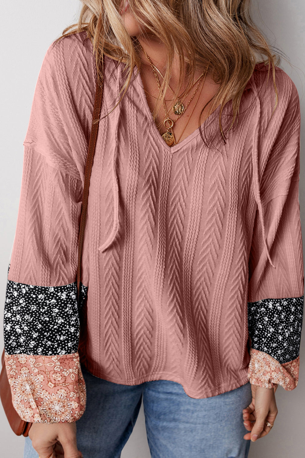 Floral Patchwork Textured Knit Drawstring V Neck Blouse